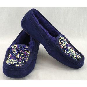 EUC UGG Ansley Stellar Sequin Suede Slip-on Slippers | Moccasin, Navy, Sz. 6